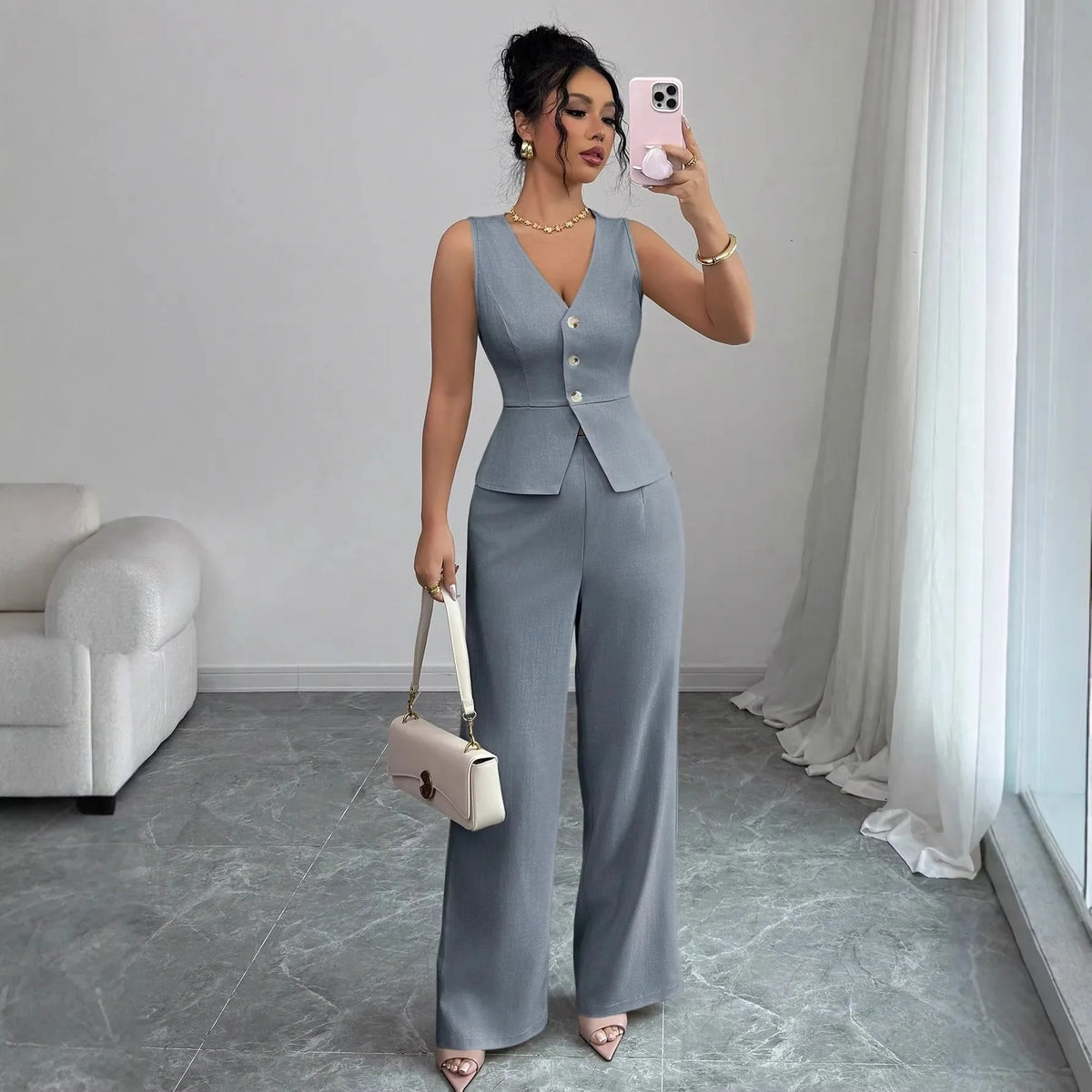 2 PCS Luxury Set 8 Colors S-3XL Summer European American Women's Collarless Spliced Casual Solid Color Sleeveless Skinny Top Quality Vest High-Waisted Long Pants Set Women Clothing Supplies.