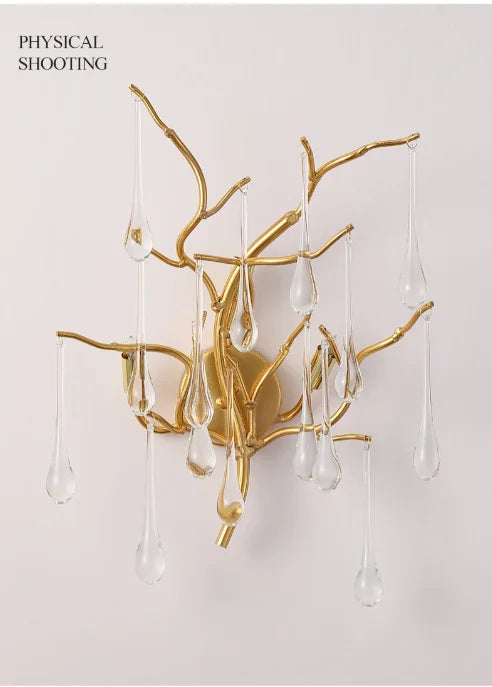 Home Villa Luxury Aluminum Branches K9 Crystal Wall Lamp Bedroom Bedside Living Wall Fitting Home Room Water Droplet Decor Bracket Light