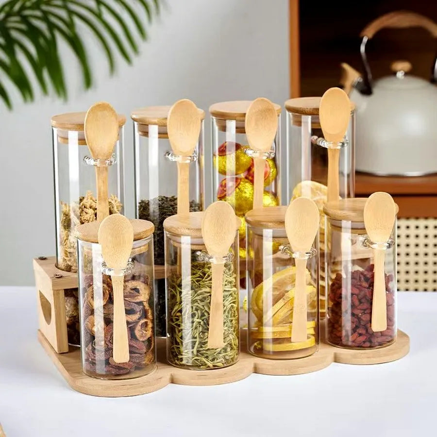4-8 PCS + Bamboo Spoons Set Wide Mouth Glass Airtight Lid Spice Coffee Containers Glass Tea Canister Set Food Storage  Home Cooking Tools Sets Kitchenware Supplies