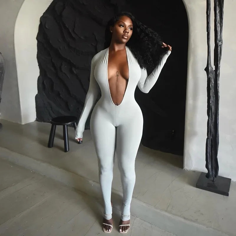 New Spring/Fall Sexy Solid Color Stretch Backless Deep V-Neck Slim Long Sleeve One Pieces Jumpsuit Bodysuit Evening Party Night Clubwear Sexy Jumpsuit Women Sexy Apparel Accessories Clothing Supplies