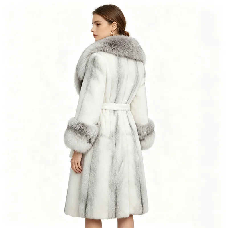 Black/White Color Women's Elegant Thick Woven Plush Artificial Fur Coat Big Lapel Fox Collar Belt Waist Long Winter Warm Eco-Friendly Plain Dyed Outerwear Windproof Long Jackets Ladies Winter Apparel Supplies.