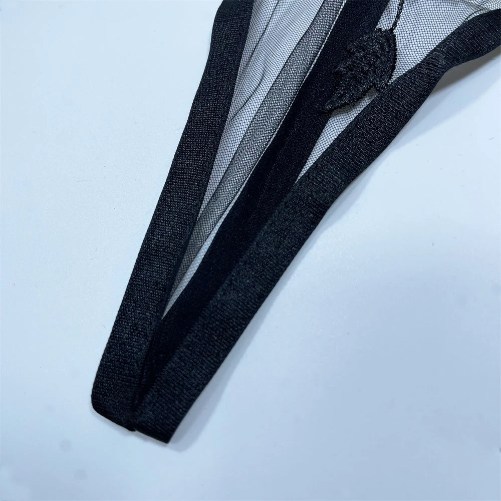 Sexy Lingerie Thin Lace Embroidered Underwire Bra Hanging Neck Women's Erotic Underwear Garter Belt Thong 4-Piece Set