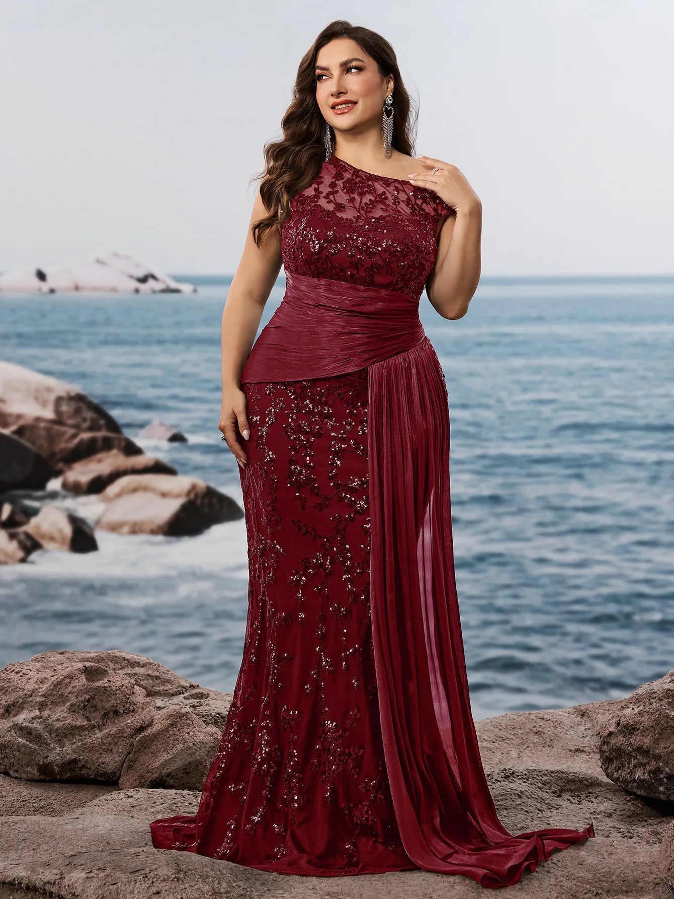 NEW Arrivals 5 Colors XL-4XL Plus Size Trendy Gowns for Curvy Ladies  Evening Party Wedding Guest Luxury Dresses High Waist One-Shoulder Sequined Elegant Mermaid Bridesmaid Dresses