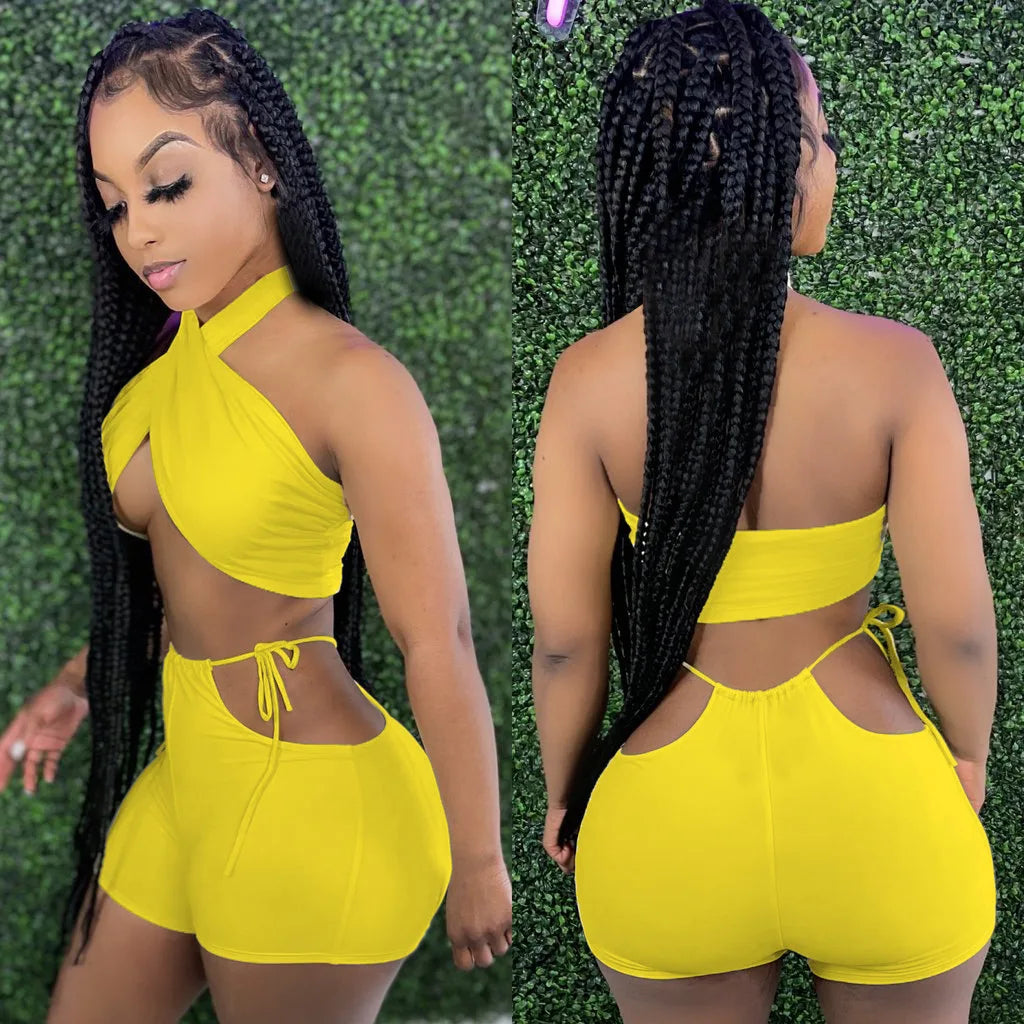 NEW Arrivals 2PCS Set 9 Colors Women Sexy Ruched Bandage Criss Cross Solid Hot Women Spring Summer Backless Evening Beach Party Night Club Crop Top and Shorts Matching Set