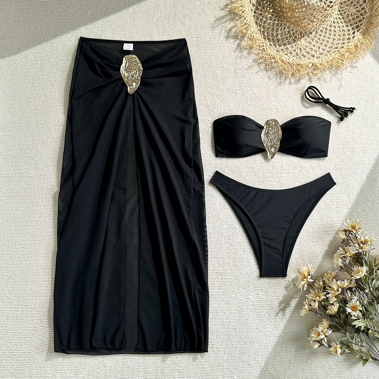 NEW Arrivals 3 PCS Set Black/White/Brown/Red Color Bandeau Top Women Swimwear Brazilian Bikini and See Through Skirt Cover Up S-L Size Summer Vacation Beachwear Swimming Pool Ladies Bathing Apparel Supplies