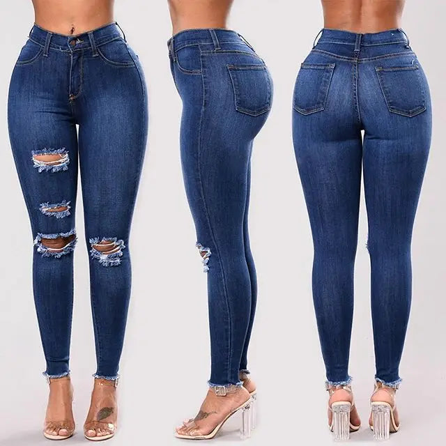 S-3XL Plus Size 3 Colors New Women Autumn Spring Summer New Streetwear Fashion Explosive European and American Elastic Hole Slim Leggings Women's Jeans Denim Ripped Pants Casual Clothing Supplies