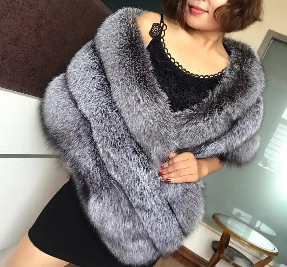 Silver Fox/Gray/White Color New Fashion Lady Luxury Natural Silver Fox Fur Wraps Warmer Genuine Fox Fur Neck Natural Real Fur Coat Women Luxury Apparel Accessories