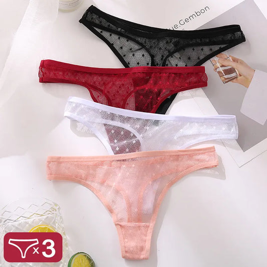 Sexy Lace Thongs Women 3Pcs/Set Dots Lace T-back Underwear Transparent G-string Panties Fashion Female Underpants Lingerie