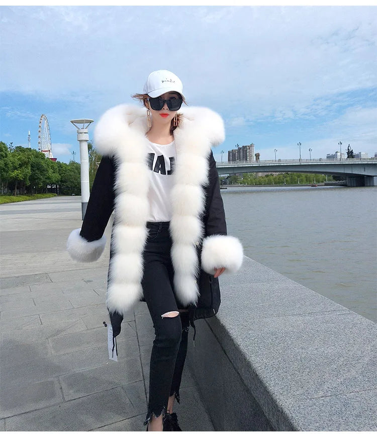 NEW Arrivals Winter Warm Snow Outerwear Women Female Natural Real Fox Fur Coats Real Fur Long Black Jacket  Cotton Thick Coat Girls Casual Winter Luxury Fashion Clothing Products