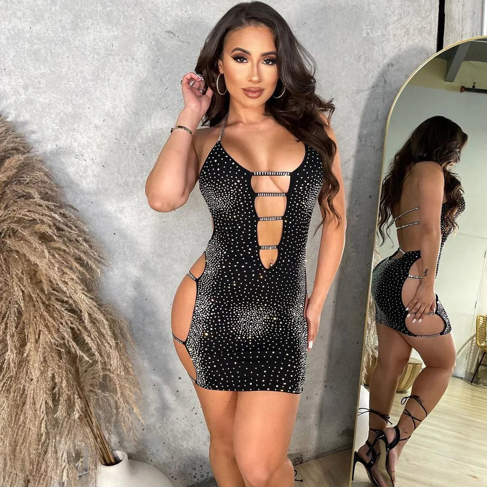 Sexy Hot S-2XL Women's Black Glitter Sleeveless Halter Sides Cut Out Backless Sheath Mini Dress Evening Party Night Clubwear Sexy Mini Dresses