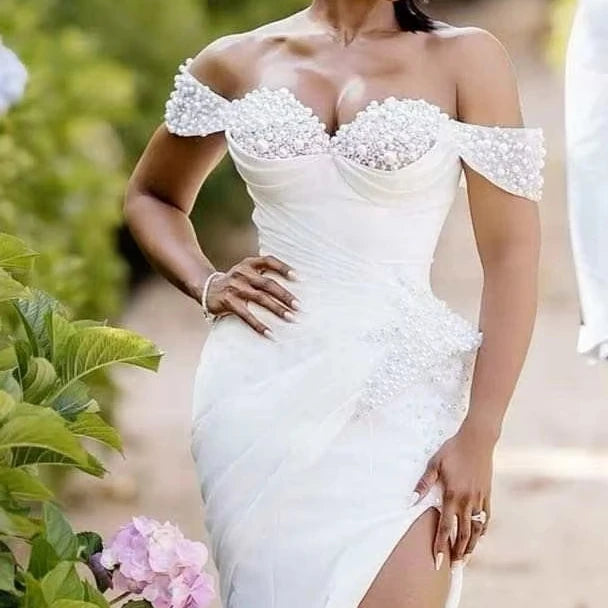 NEW Arrivals NEW Fashion Sexy Luxury Off-Shoulder Pearls Embroidery Side-Slit Anti-Static Long Skirt Temperament French Fishtail Sexy Luxury Mermaid Wedding Dress for Pregnant Bride, Bridal Formal Gowns