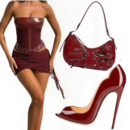 2 PCS Set Black/Champagne/Red Color Women Autumn Spring Trendy Vintage Leather Patchwork Corset Top Mini Skirts Ladies Sexy Y2K Clothing Night Clubwear Suit Evening Party Ladies Sexy Apparel Supplies