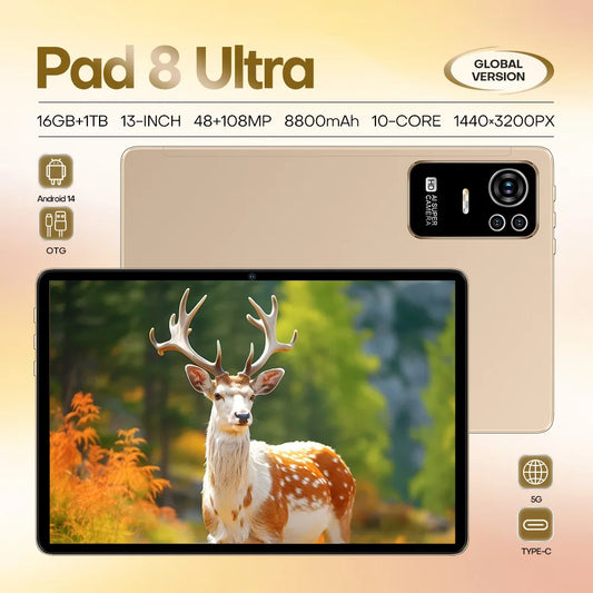 Pad 8 Ultra 5G Tablet 16GB+1TB 13'' 1440*3200 Octa-Core 8800mAh Android 14 Dual SIM Face GPS/GSM Multi-Languages Support Unlock Kids & Education Tablet