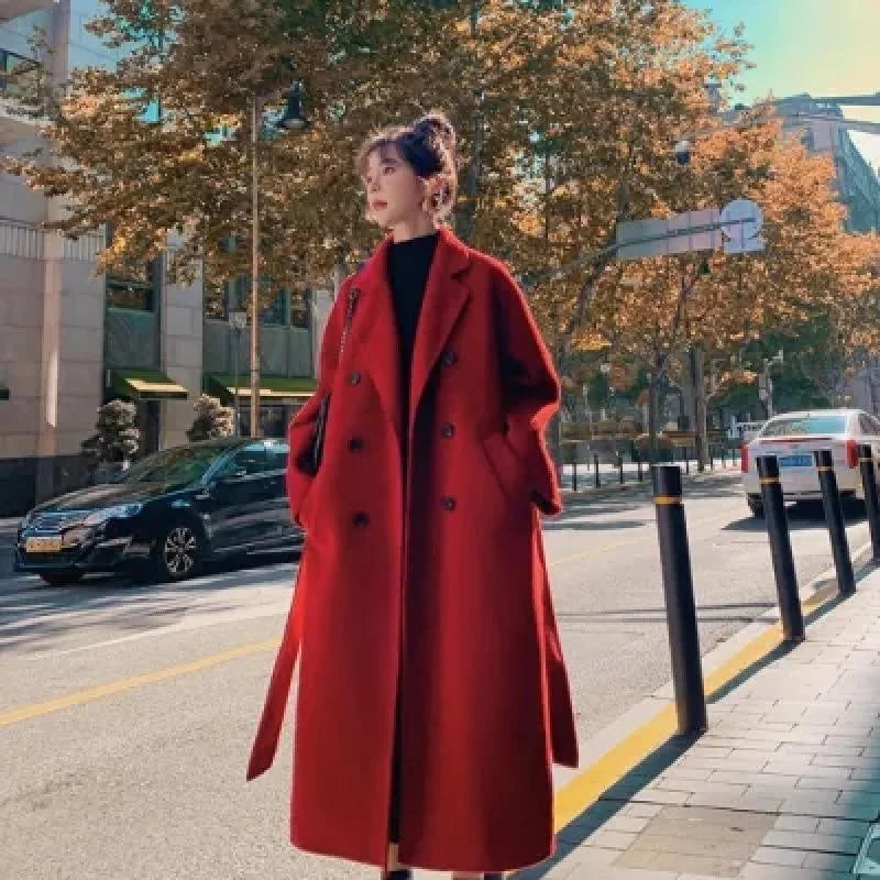 New Arrivals S-4XL Plus Size Black/Red Color Women's Autumn Winter Solid Color New Style Waist Collection Loose  Lapel Collar Double Long Trench Coat Winter Snow Boots Outerwear Maxi Jackets Ladies Winter Apparel Supplies