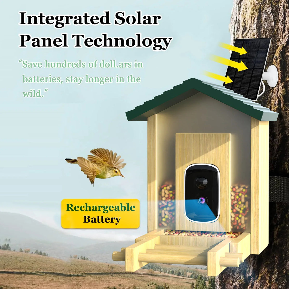 Home Garden Tree Mounted Eco-Friendly Solar Powered Smart Bird Feeder Camera 2K QHD IP66 Waterproof 11000+ Species AI Identification Fast Trail Game CMOS