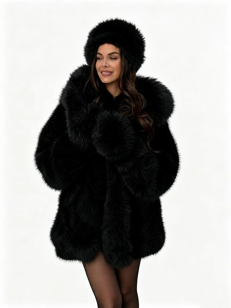 White/Dark Brown/Black Color S-3XL Plus Size Women Top Quality Hooded Artificial Fur Jacket Oversized Fur Collar Belted Waist Winter Warm Fluffy Mid-Length Coats Women's Faux Fur Coats Women Winter Apparel Supplies