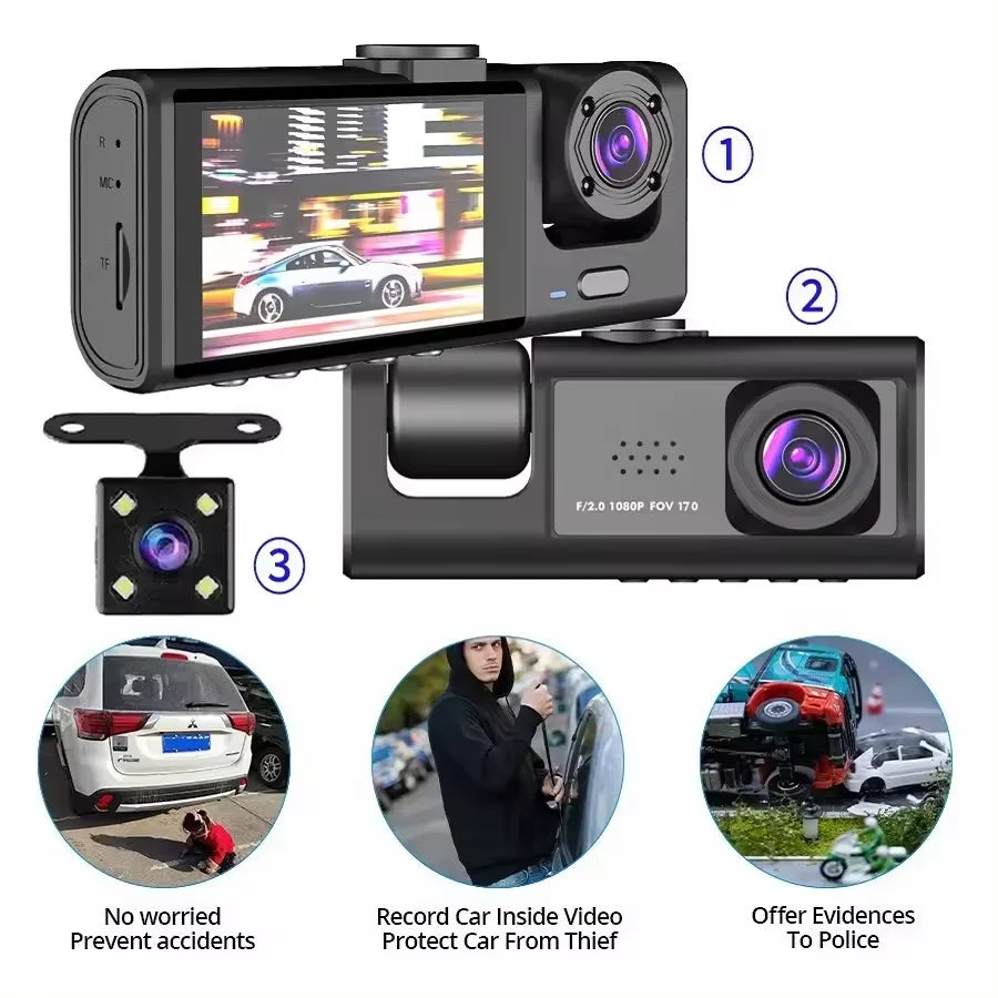 New 3 Lens HD 1080P Car Black Box Wi-Fi Loop Recording Car DVR Camera Dashboard Camera Night Vision Dash Cam for BMW, Mercedes, Toyota Vehicle Safety Driving Security Supplies