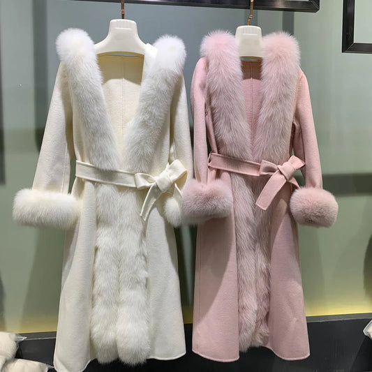 Boutique Gala HOT SALE Handmade Belted Cashmere Luxury Coat Windproof Long Wool Trench Hooded Coat Customizable Color & Size Women With Natural Real Fox Fur Trim & Cuffs Evening Party Wedding Guest Outerwear Long Jackets Ladi