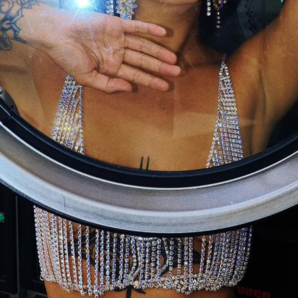 Gold/Silver Color Women Luxury Crystal Rhinestone Chain Cami Sparkle Women Crop Top Diamond Crystal Body Jewelry Tops Evening Rave Party Night Clubwear Sexy Tops
