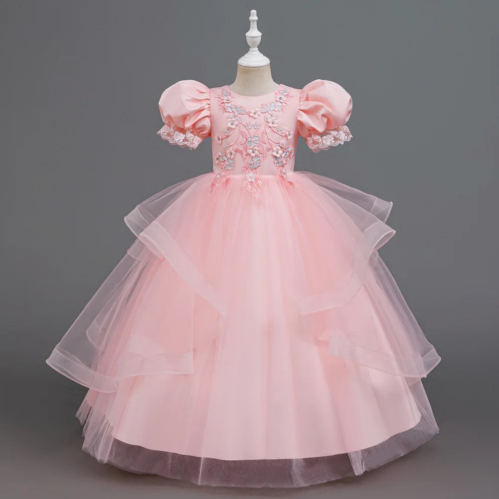 Blue/White/Pink/Red Color Bridesmaid  Girl Flower Dress Princess Evening Birthday Party Ball Gown Puff Sleeve Lace Applique Wedding Prom Party Embroidered Girl Gown Layered Tutu Dress for Girls,