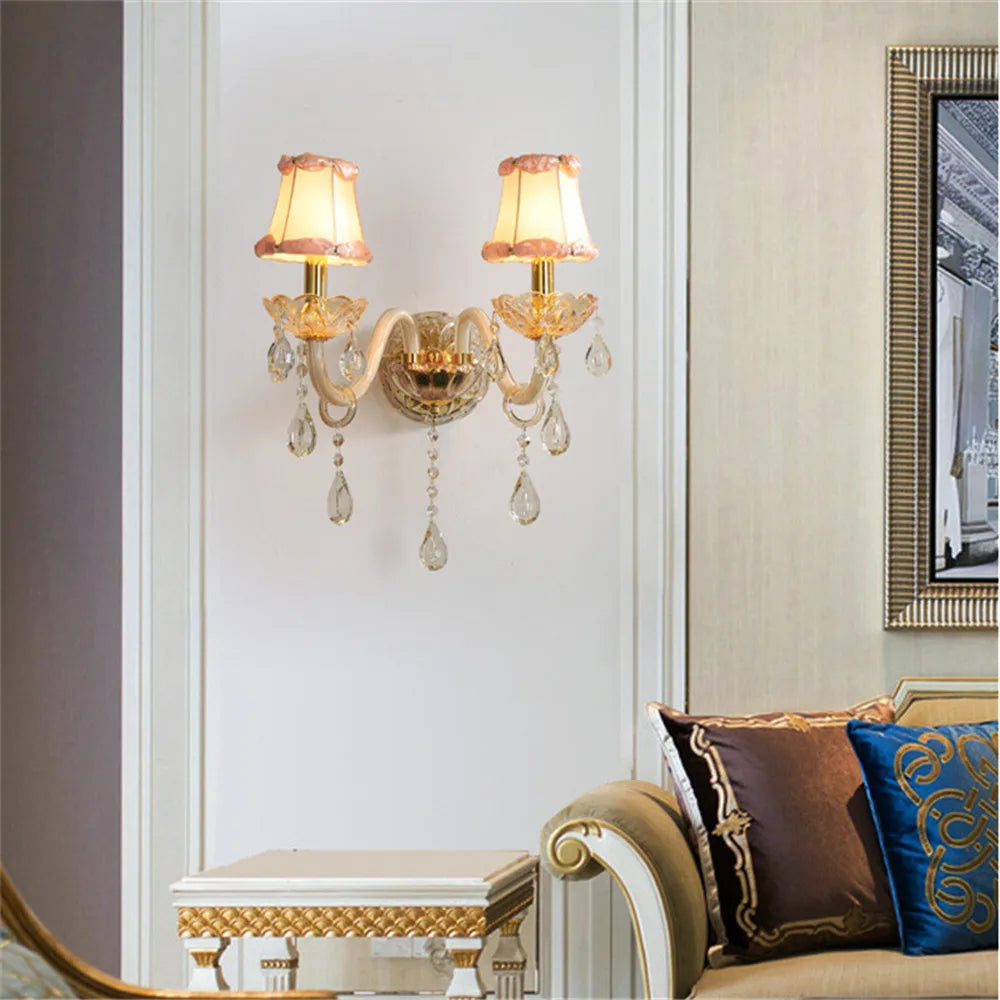 Villa Home Luxury European 3/5 Lights Champagne Crystal Candle Wall Lamp for Bedroom Corridor Villa Hotel Staircase Decor Lighting