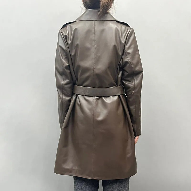 Boutique Gala HOT SALE Real Leather Coats M-3XL Black/Brown Color Women Winter Warm  Outwear Long Belt Windproof Luxury Coat Leather Formal Trench Coat Ladies Luxury Apparel Supplies