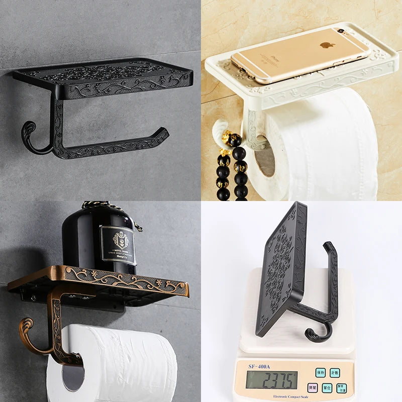 Bathroom Shelves Antique Bronze Carving Toilet Roll Paper Rack with Phone Shelf Wall Mounted Bathroom Paper Holder E654