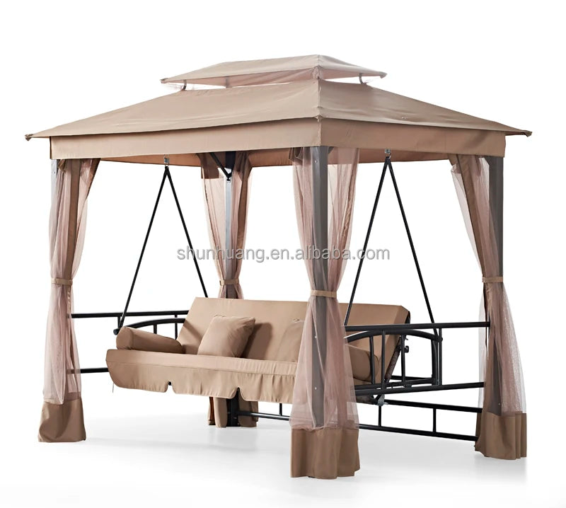 HOT SALE (Only Few Units Left) 3 Seat Adult Villa Resort Outdoor Aluminum Frame Convertible Canopy Courtyard Garden Swing Hanging Chair Modern Patio Swings Sun Lounger Luxury Furniture Supplies ( For Fast Delivery Please Cont