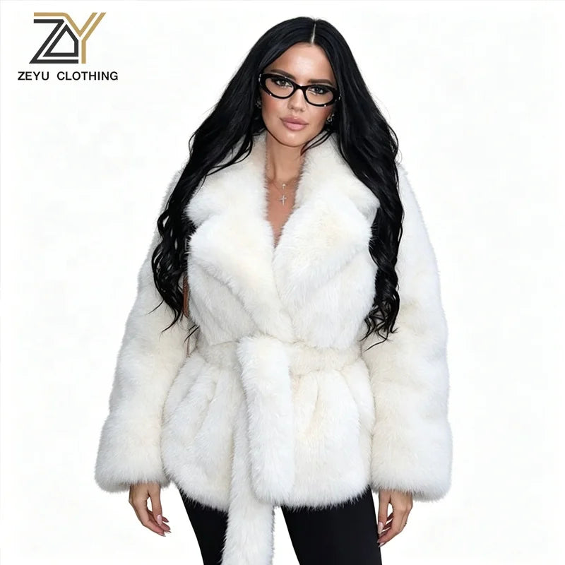 New Arrivals 5 Colors S-XL Women's Artificial Fox Fur Elegant Winter Warm Turn-Down Collar Down Filled Plain Dyed Woven  Plush Coat Outdoor Snow Boots Outerwear Jackets Ladies Winter Clothing Supplies