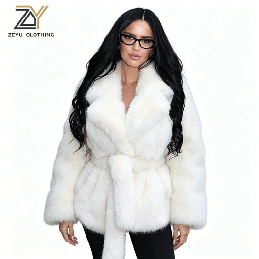 New Arrivals 5 Colors S-XL Women's Artificial Fox Fur Elegant Winter Warm Turn-Down Collar Down Filled Plain Dyed Woven  Plush Coat Outdoor Snow Boots Outerwear Jackets Ladies Winter Clothing Supplies