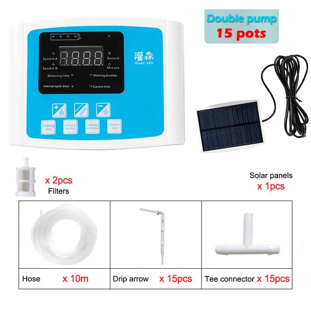 NEW Arrivals Garden Drip Irrigation Device Double Pump Controller Timer System, Solar Energy Intelligent Automatic Watering Device for Plants Trees Flowers Garden Watering Accessories