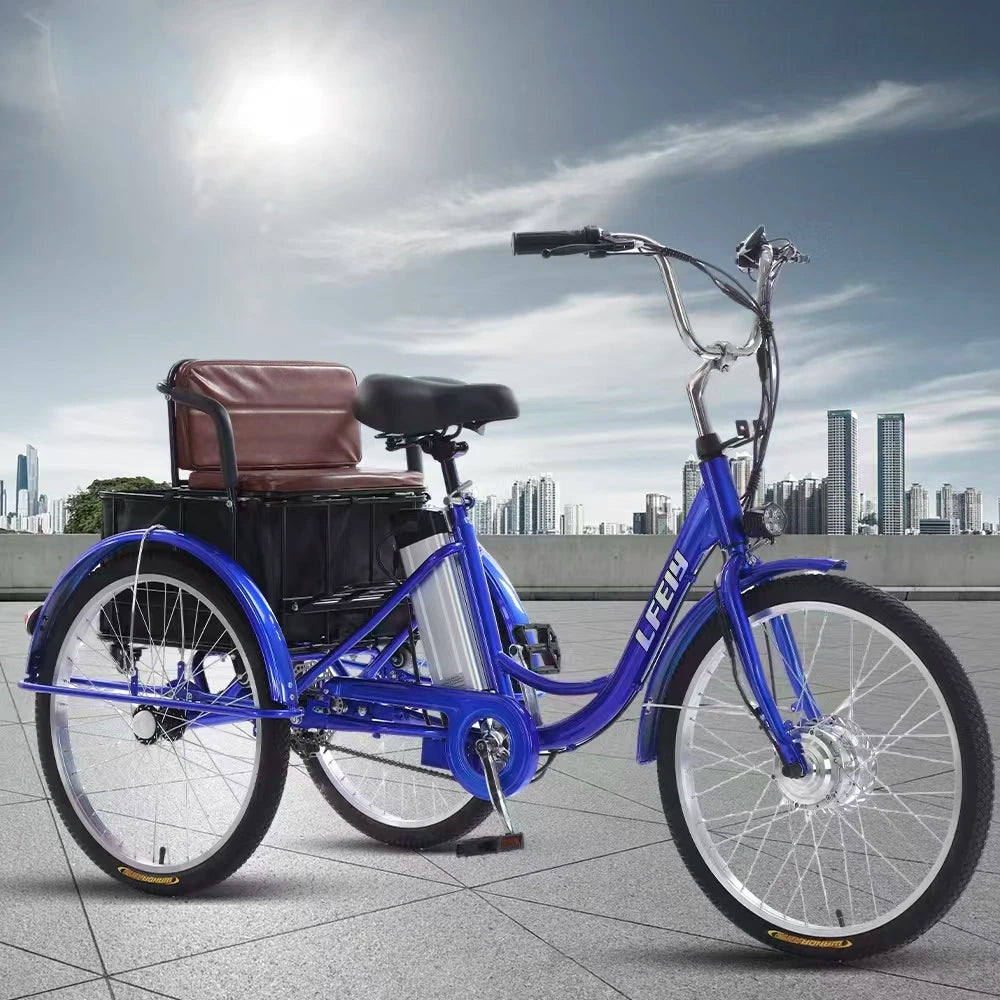 7 Speed Gears Max Speed 25Km Electric Cargo Tricycle Blue/White/Black Color Adult Utility Bike Three Wheel Delivery Bicycle Rear Carrier Storage Box Lithium Disc Pedal-Assist 3 Hours Charging Electric Bicycle