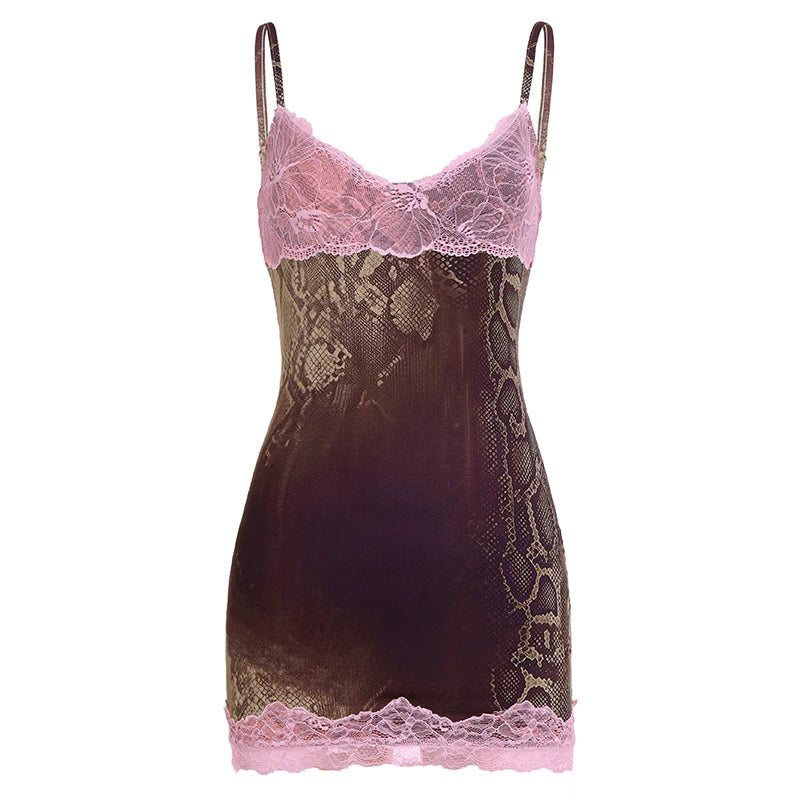 Snakeskin  Print Lace Trim Elastic Hip Wrap Adjustable Shoulder Straps Mini Dress Sexy Street Date Dress