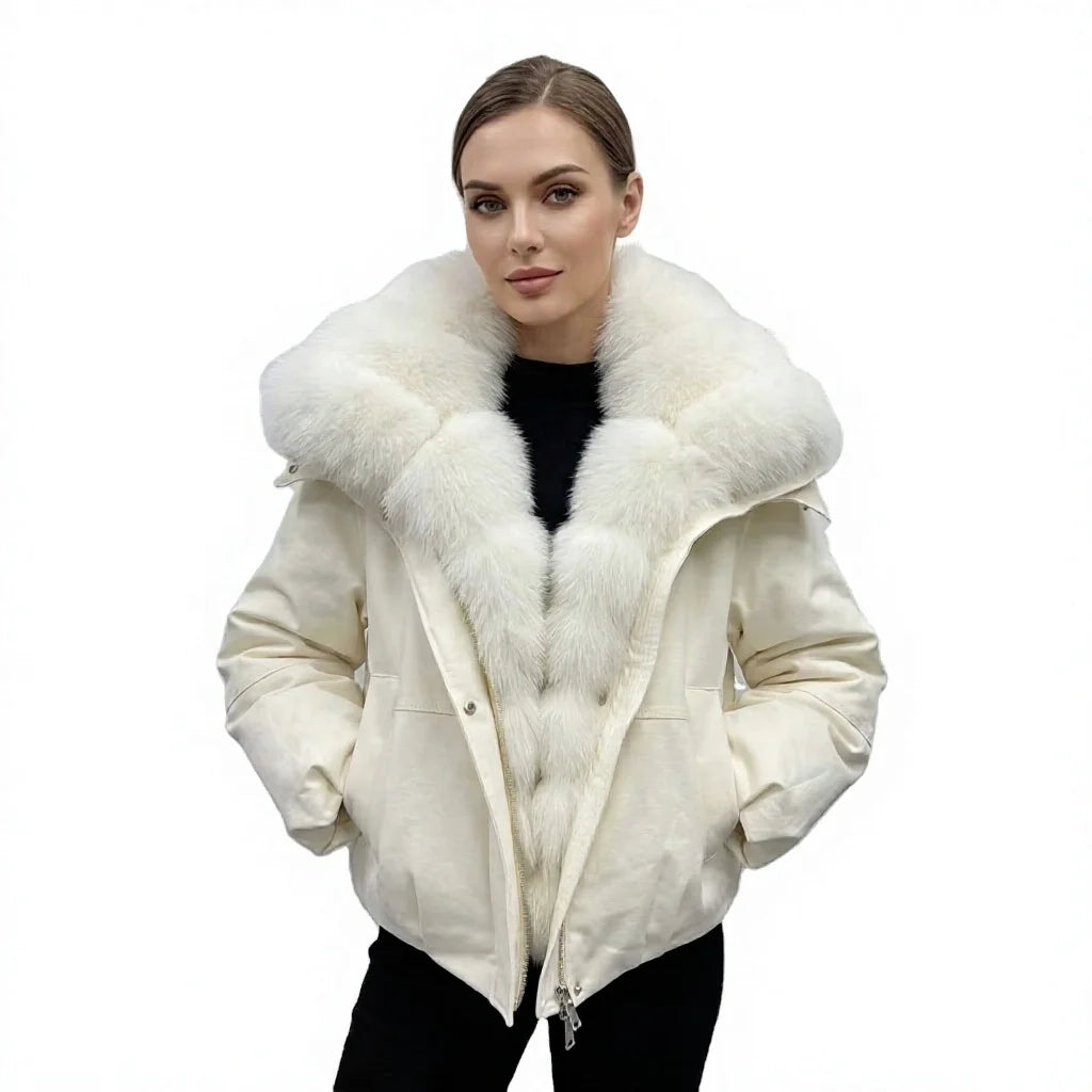 New Arrivals 5 Colors Sheepskin Leather Natural Real Fur Coat fox Fur Collar Autumn Winter Warm Women's Fashionable Loose Warm Down Coat Winter Warm Female Clothing Supplies.