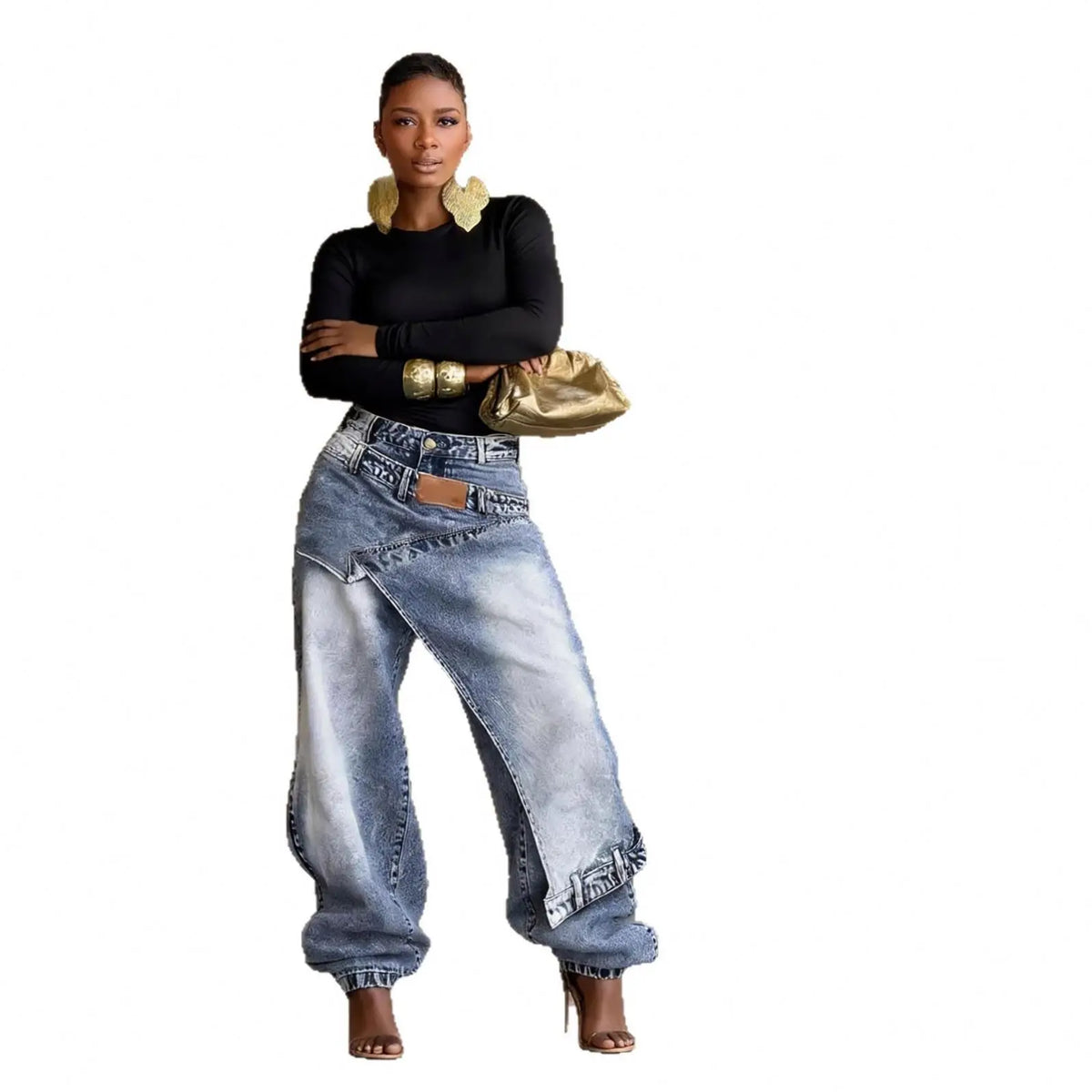 TikTok Most Popular S-3XL Autumn Spring  Deconstructed Patchwork Layered Cotton Denim Wide Leg Pants Avant-Garde Asymmetrical High Waist Urban Streetwear Trousers Women Casual Clothing Supplies