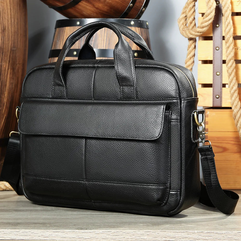 Real Leather Top Quality Vintage Waterproof Genuine Leather Business Office Briefcase Men's 14 Inch Laptop Messenger Bag