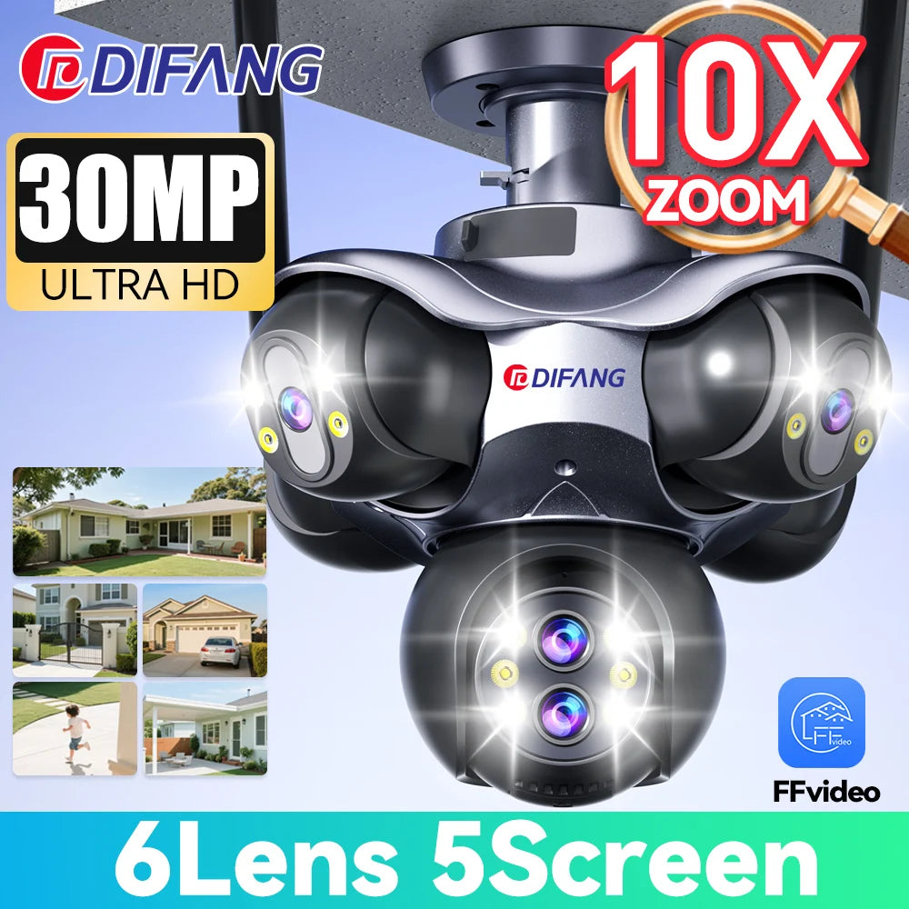 Home Villa New Design 6 Lens 5 Screens PTZ Security Wi-Fi Camera 10X Zoom Full Color Night Vision Intrusion Alarm Outdoor Wireless CCTV Camera Anti-Theft System Home Security Supplies