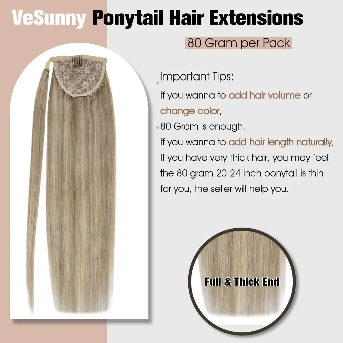 NEW  Ponytail Natural Human Hair 14-22" Highlight Ponytail Extensions 100% Real Human Ponytail Hair Extensions 80g/Set For Women