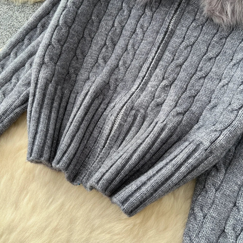 2 PCS Set Apricot/Gray Color Women's Sweat Suits Furry Trim Cropped Hooded Knit Top and Wide-Leg Sweater Pants Set Autumn Winter Warm Outdoor Sport Activities Home Loungewear Ladies Clothing Supplies