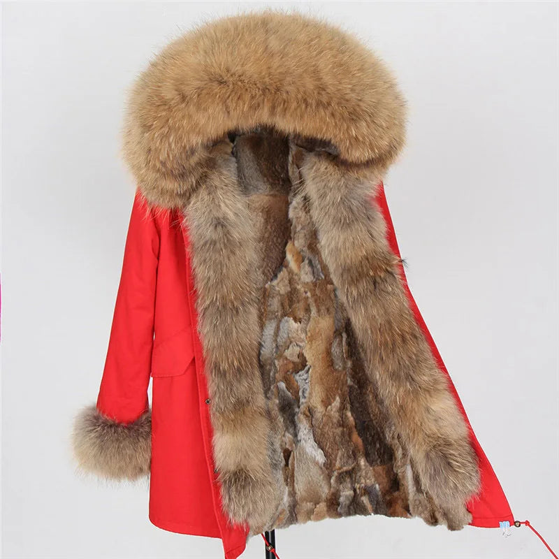 12 Colors S-2XL 100% Real Rex Rabbit Fur Mid Jacket & Big Raccoon Fur Collar Coat Natural Rabbit Fur Lined Long Parka Coat Snow Boots Outerwear Windproof Jackets Ladies Winter Clothing Supplies
