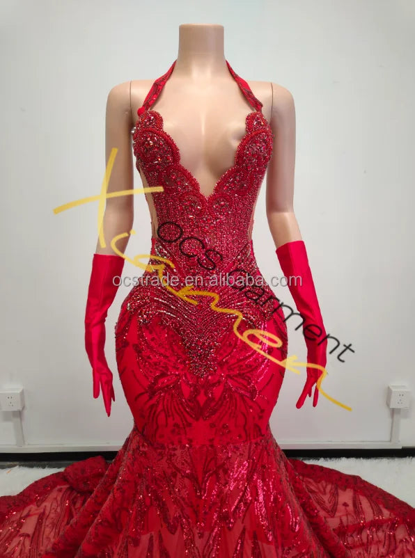 Boutique Gala HOT SALE 15 Colors High Quality Sexy See Through Shiny Sequined Women Evening Prom Dresses Elegant Halter V Neck Sexy Transparent Red Mermaid Ball Gown With Gloves Red Carpet Opera Concerts Celebrities Ladies Lu