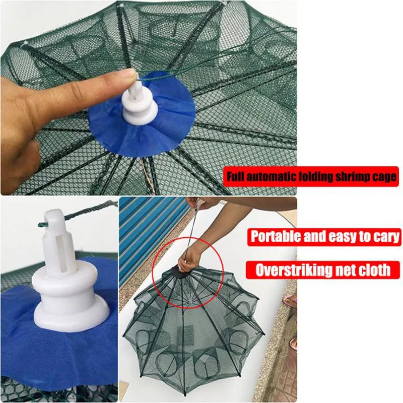 NEW Arrivals 4/6/8/10 /12/16/20 Holes Automatic Professional Fishing Net Fishing Trap Portable Folding Crayfish Catcher Mesh Trap Cage with Ring for Ocean Lakes River Sea Fishing Accessories