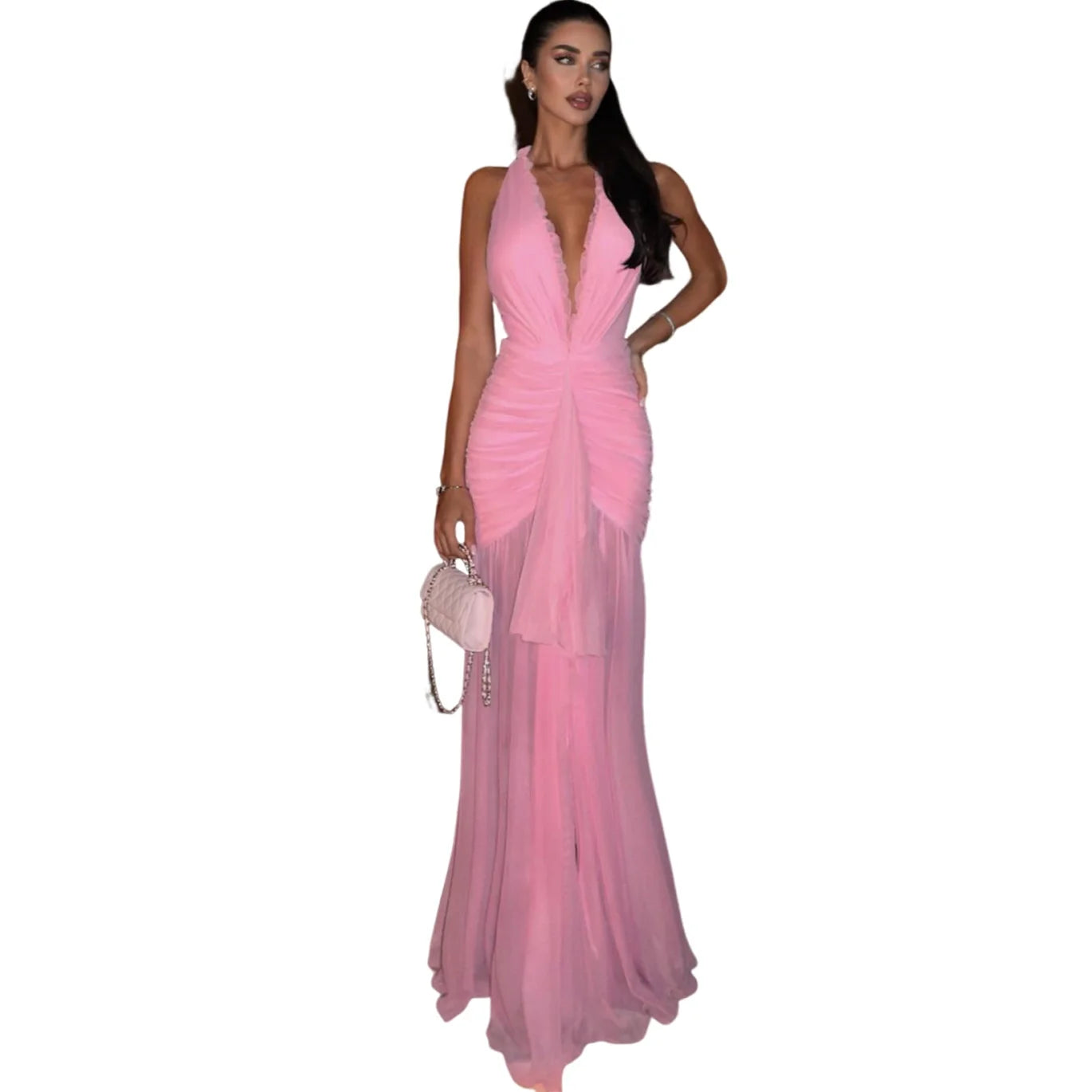 Women's Cashmere Silk  Luxury Elegant Diamond Cashmere Mesh Splicing Halter Neck Evening Summer Beach Party Nigh Clubwear Wedding Guest Sexy Maxi Long Slit Dress Ladies Formal  Apparel Supplies