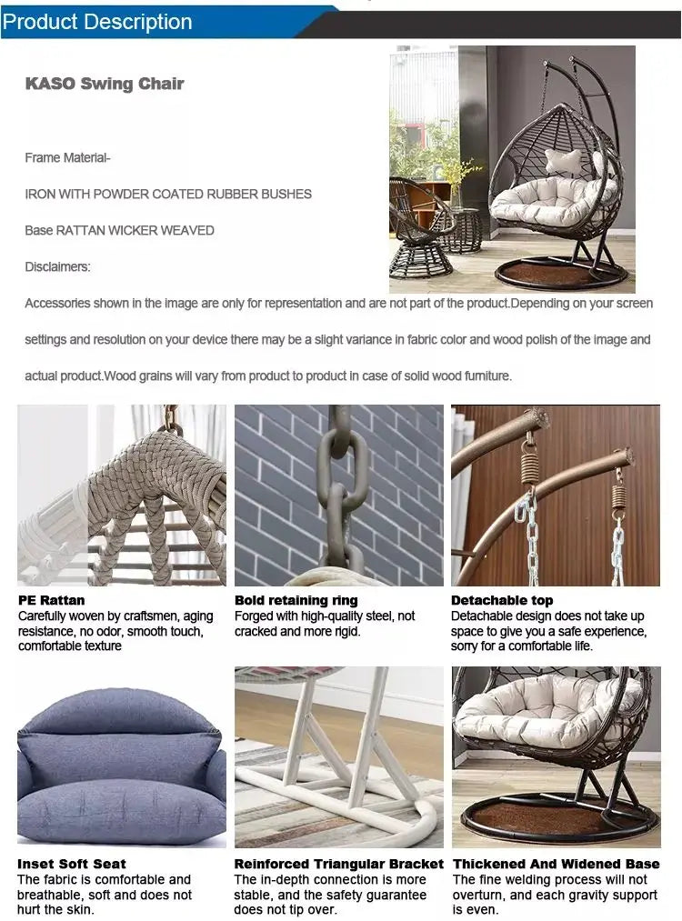 NEW Arrivals 3 Colors Luxury Wicker Egg Swings Double Rattan Villa Home Indoor Outdoor Patio Garden Courtyard Cushions Swing Chair Furniture Supplies