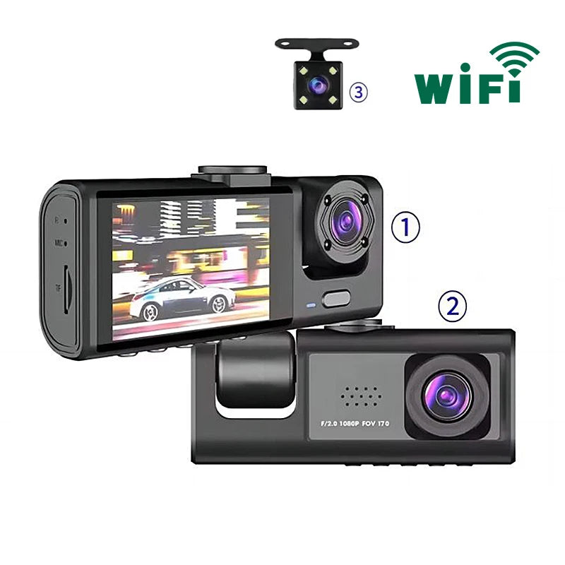 3 Lens Dashcam with WI-FI App Control  1080P Loop Recording Front 1080P Car Camera Mode Dash Camera for Cars Video Playback FHD Cars Vehicle Security Accessories Safety Supplies