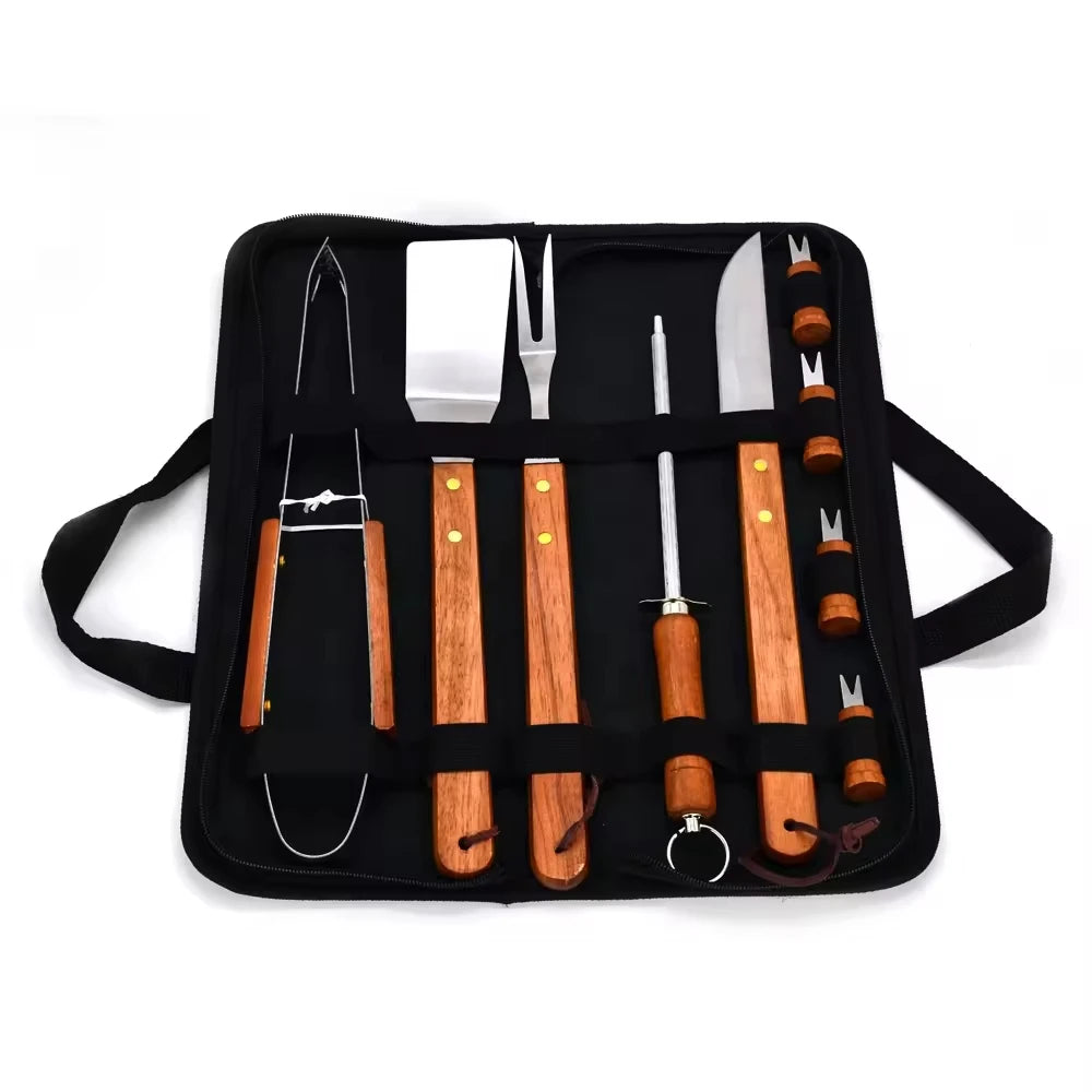 10 PCS Set Rotisserie Outdoor Picnic Courtyard BBQ Camping Grills Accessory Tool Kit Oxford Fabric Case Includes Metal Wooden Handle Barbecue Cooking Accessories