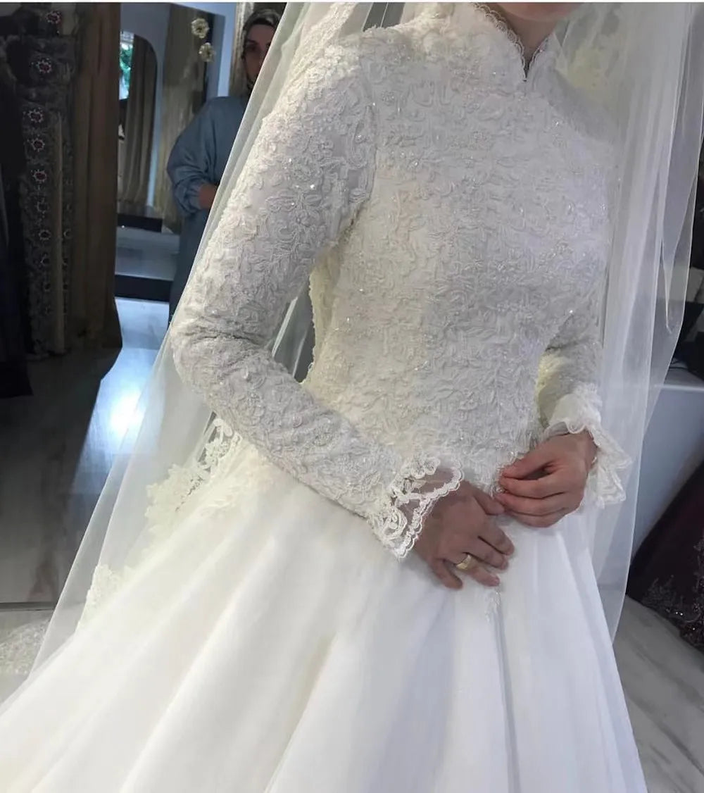 New Arrivals Islamic Wedding Long Sleeve Stand Collar Turkish Istanbul Muslim Women Modest Wedding Dress Plus Size Lady Bridal Gown With Long Sweep  Train Religious Ceremony Luxury Apparel Supplies