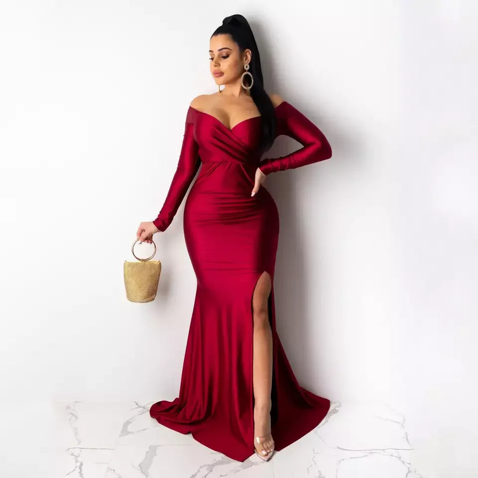 New Arrival S-2XL Women Luxury Gowns Wedding Guest Bridesmaid Evening Dresses High Slit Long Sleeve V-Neck Maxi Dress Ladies Long Party Dresses Women Luxury Apparel Supplies