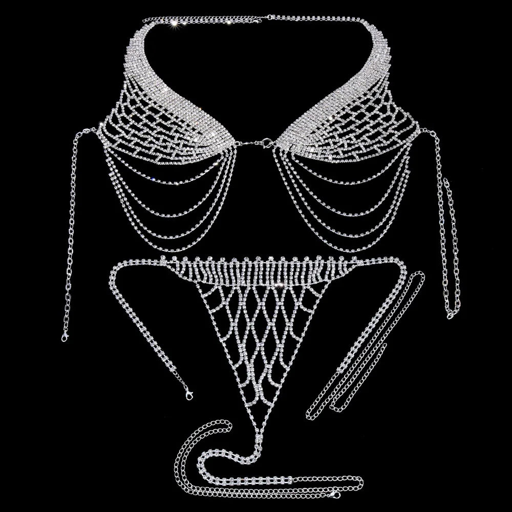 Tassel Underwear Rhinestone Bra Chain Harness for Women Sexy Fashion Crystal Bikini Bra and Thong Sets Body Jewelry