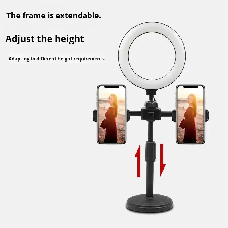 2 Phones Holder Portable Retractable Desktop Ring Light with Dual Phone Clip, Dimmable 6" LED Fill Light Stand for Live Streaming & Selfie TikTok YouTube Video Maker Vlog Social Media Tools Set